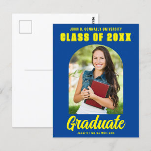 Carte Postale Bleu Jaune Diplômé Photo Moderne Gras Graduation