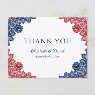 Carte Postale Bleu marine et rouge floral dentelle mariage remer