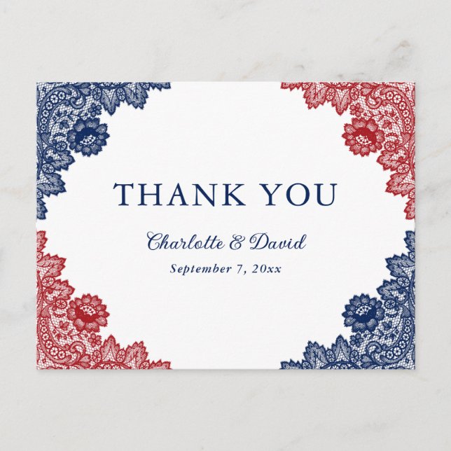 Carte Postale Bleu marine et rouge floral dentelle mariage remer (Devant)