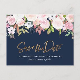 Carte Postale bleu marine floral roux enregistrer la date