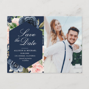 Carte Postale bleu marine & rose pâle photo enregistrer la date