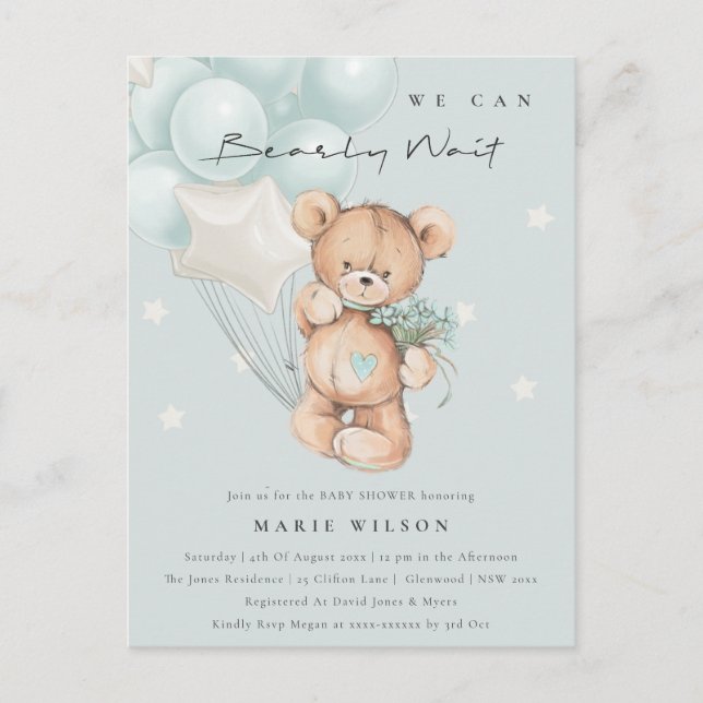Carte Postale Bleu mignon ours Baby shower de ballon d'attente p (Devant)