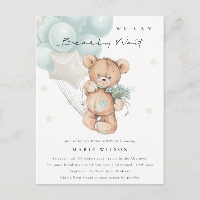 Carte Postale Bleu mignon ours Baby shower de ballon d'attente p (Devant)