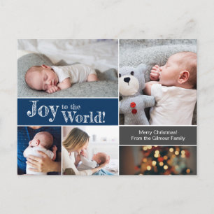 Carte Postale Bleu Noël Bébé Joie au monde Photo collage