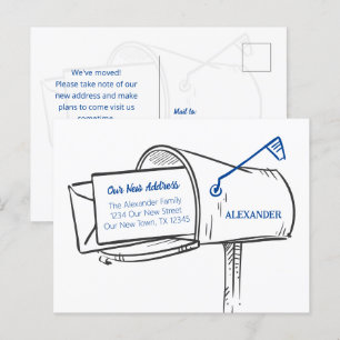 Carte Postale Bleu Nous avons Déplacé la boîte aux lettres en dé