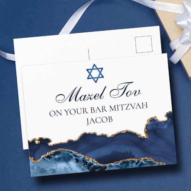 Carte Postale Bleu Nuit Or Bar Mitzvah Personnalisé Mazel Tov (Créateur téléchargé)