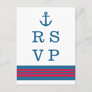 Carte postale bleu rouge Ancre nautique mariage RS