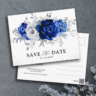 Carte Postale Bleu Royal Blanc Argent Floral Enregistrer la Date