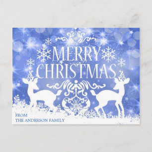 Carte Postale Bleu rustique Blanc Noir renne Neige hiver