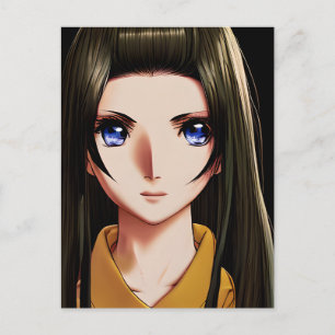 Carte Postale Bleu teint Brunette Anime Girl Cartoon