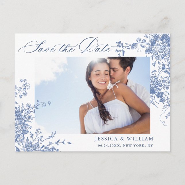 Carte Postale Bleu victorien Mariage de jardin français Enregist (Devant)