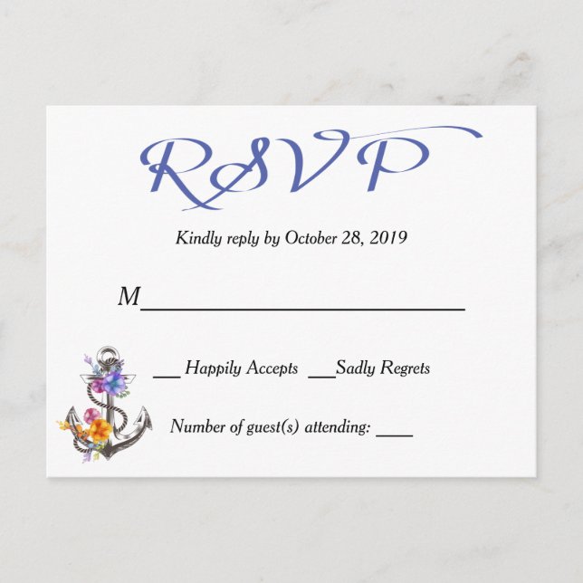 Carte postale bleue florale Ancre bateau RSVP naut (Devant)