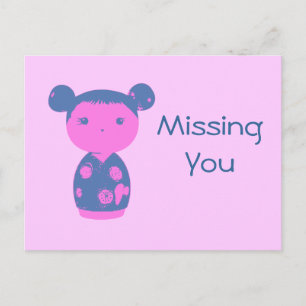 Carte postale bleue rose Kokeshi