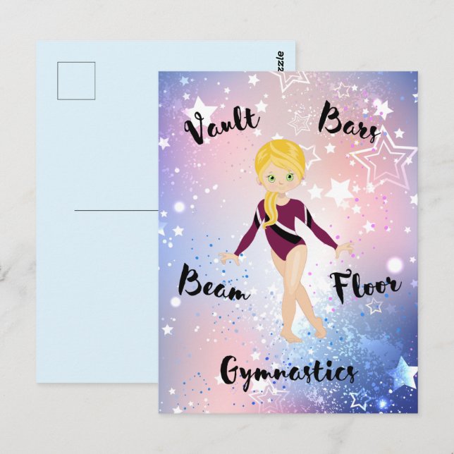 Carte Postale Blonde étoilée, Yeux verts, Léotard bordeaux (Devant / Derrière)