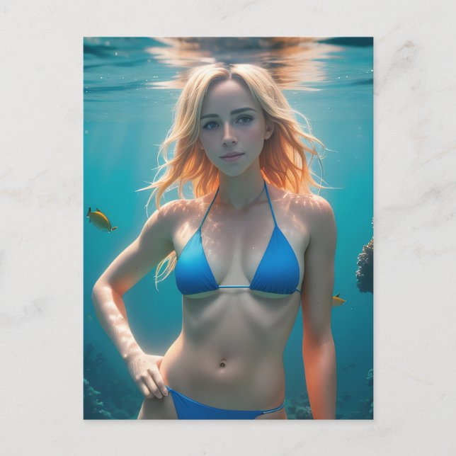 Carte Postale Blonde Haired Woman Blue Bikini Photo sous-marine (Devant)