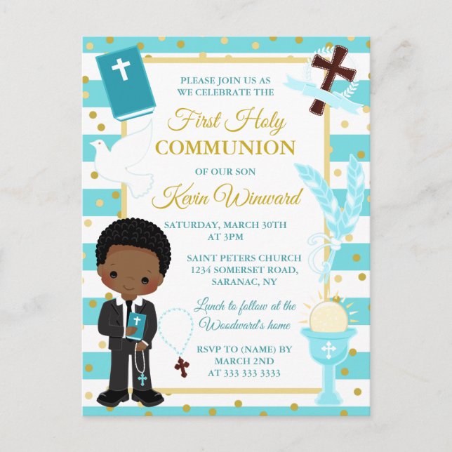 Carte Postale Blue African American Boy First Holy Communion (Devant)