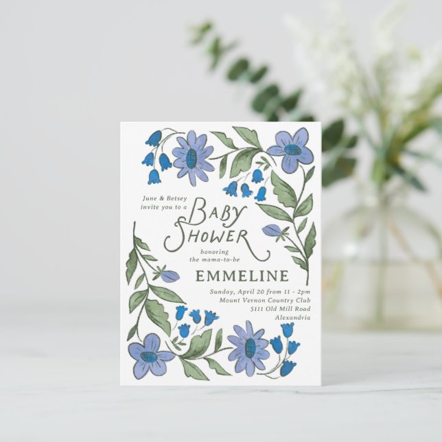Carte Postale Blue and Green Sweet Country Floral Baby Shower (Debout devant)