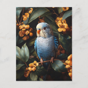 Carte Postale Blue Budgie Budgerigar Fleurs Jaunes