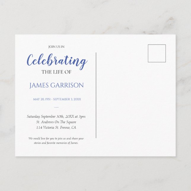 Carte Postale Blue Celebration of Life With Photo Funeral Invita (Dos)