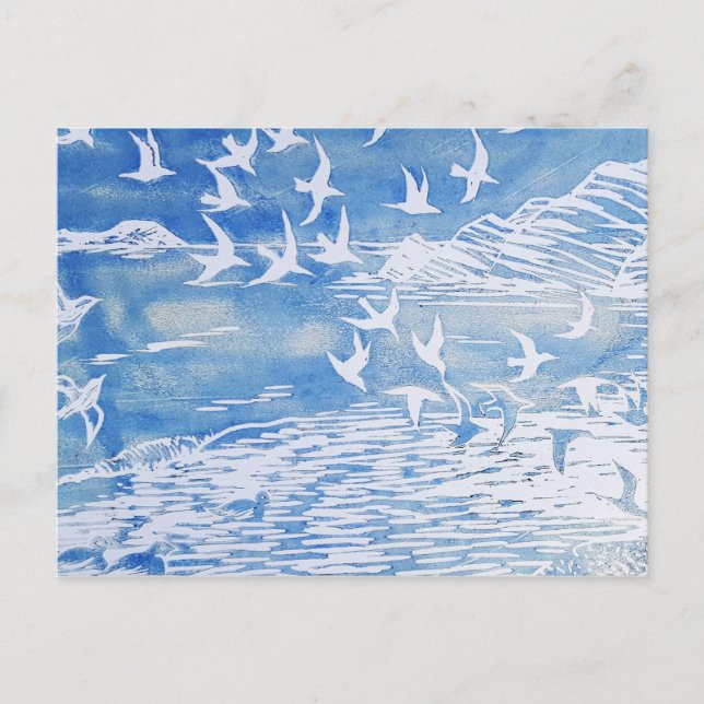 Carte Postale Blue Coast Birds Moderne Aquarelle Art (Devant)