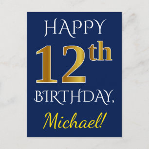 Carte Postale Blue, Faux Gold 12e anniversaire + Nom personnalis