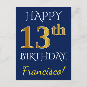 Carte Postale Blue, Faux Gold 13e anniversaire + Nom personnalis