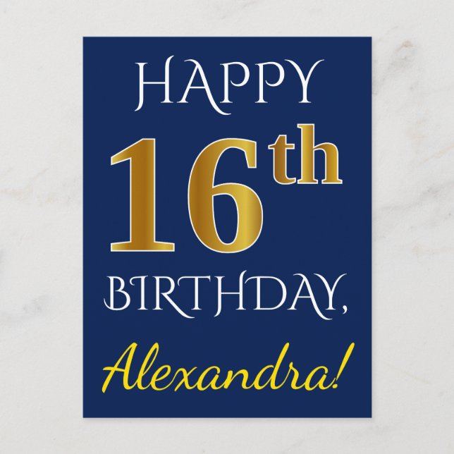Carte Postale Blue, Faux Gold 16e anniversaire + Nom personnalis (Devant)