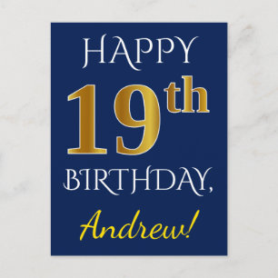 Carte Postale Blue, Faux Gold 19e anniversaire + Nom personnalis