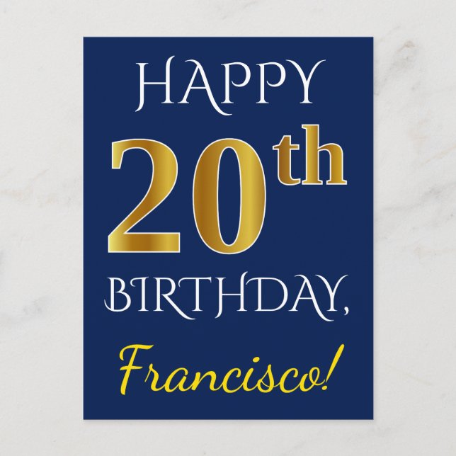 Carte Postale Blue, Faux Gold 20e anniversaire + Nom personnalis (Devant)