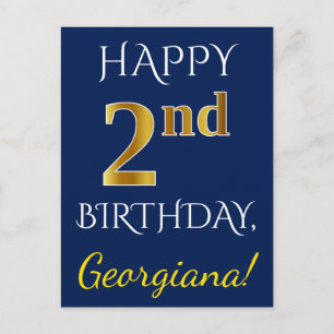 Carte Postale Blue, Faux Gold 2e anniversaire + Nom personnalisé