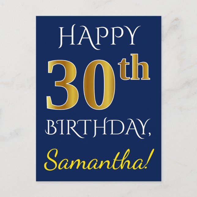 Carte Postale Blue, Faux Gold 30e anniversaire + Nom personnalis (Devant)