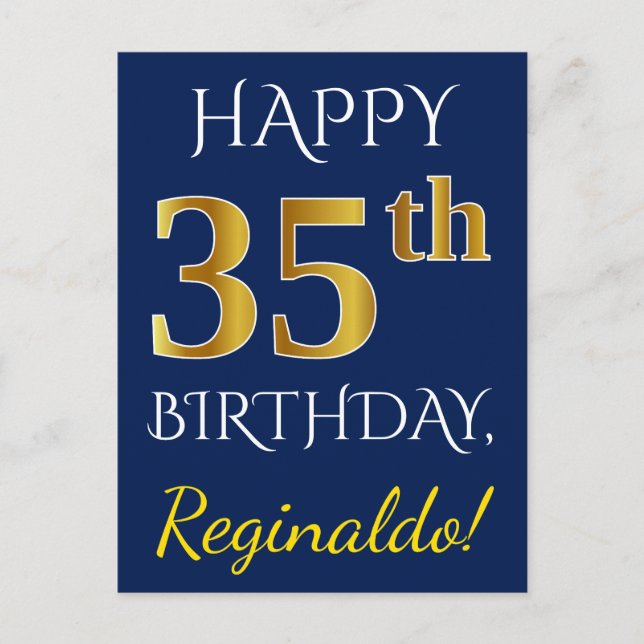 Carte Postale Blue, Faux Gold 35e anniversaire + Nom personnalis (Devant)