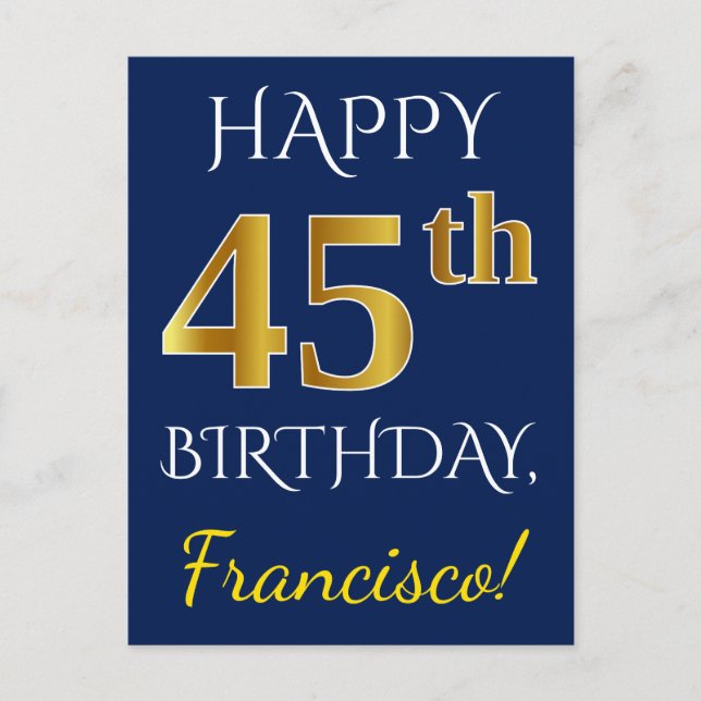 Carte Postale Blue, Faux Gold 45e anniversaire + Nom personnalis (Devant)