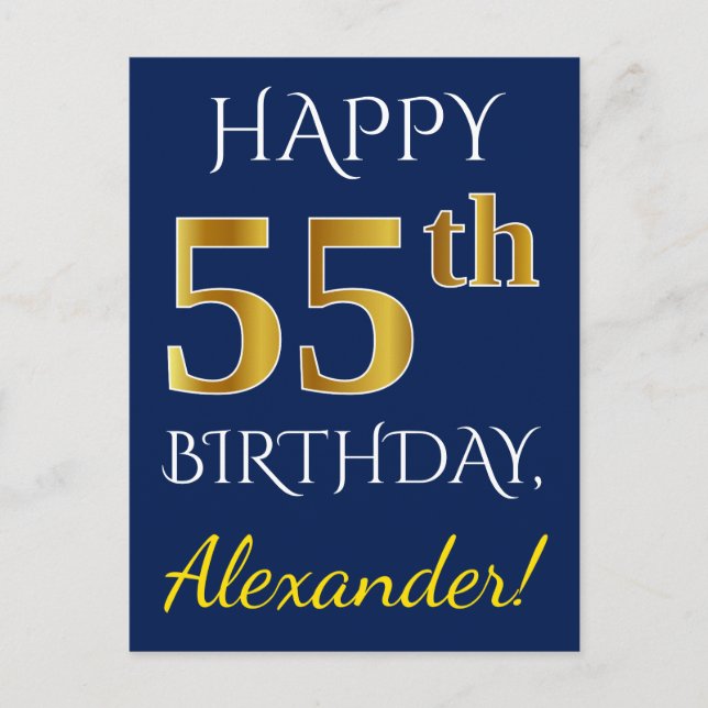 Carte Postale Blue, Faux Gold 55e anniversaire + Nom personnalis (Devant)