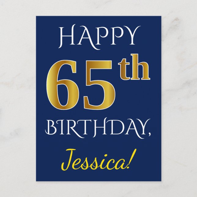 Carte Postale Blue, Faux Gold 65e anniversaire + Nom personnalis (Devant)