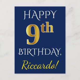 Carte Postale Blue, Faux Gold 9e anniversaire + Nom personnalisé