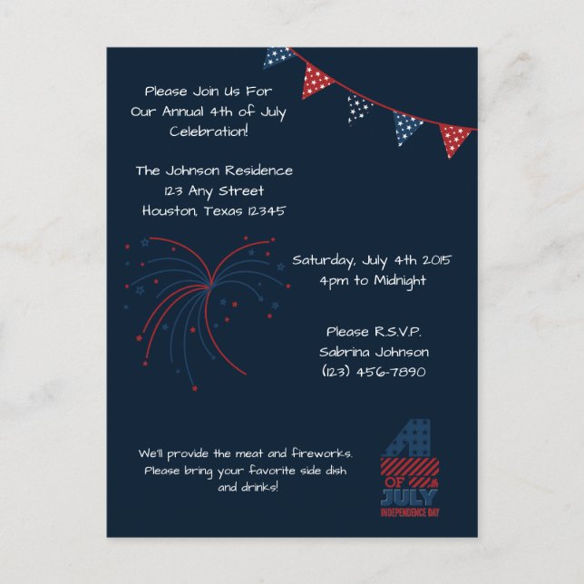 Carte Postale Blue Fireworks 4 juillet Fête Invitation (Devant)
