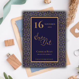 Carte Postale Blue Gold Intricate Design Wedding Enregistrer la