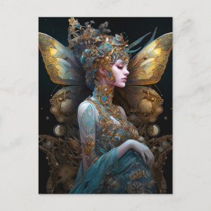 Carte Postale Blue Gold Techno papillon femme Imaginaire Art