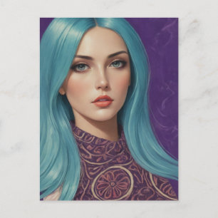 Carte Postale Blue Hair IA art de mon propre collage médiatique 