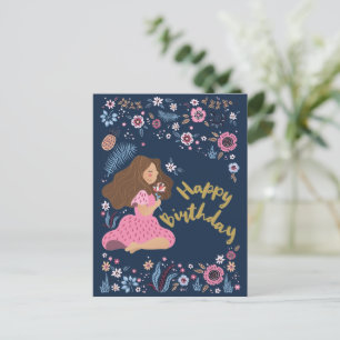 Carte postale Blue Happy Birthday Lady Floral Flow