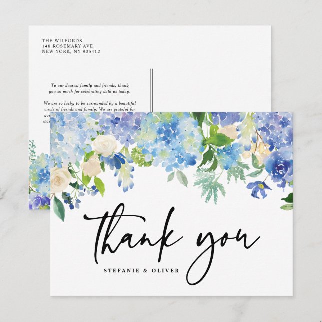 Carte Postale Blue Hydrangea Hiver Mariage Floral Merci (Devant / Derrière)