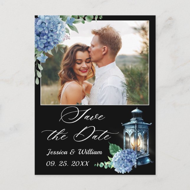 Carte Postale Blue Hydrangea Lantern PHOTO Mariage Enregistrer l (Devant)