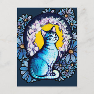 Carte Postale Blue Kitty Chat Halo Mucha Style Floral
