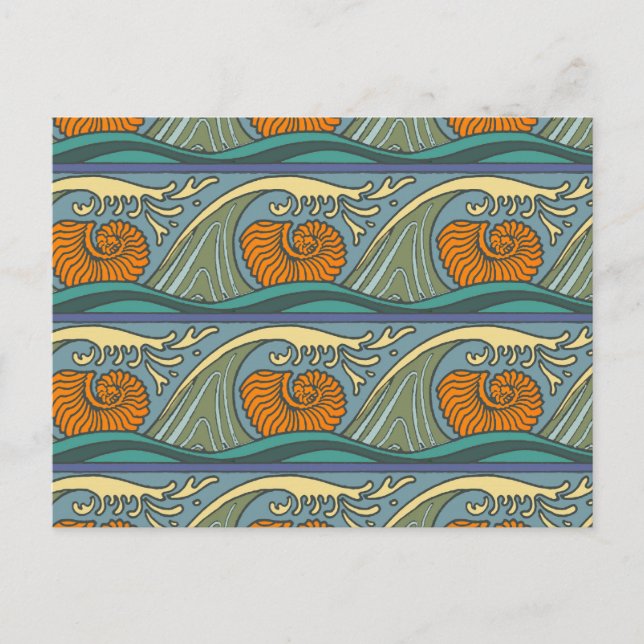 Carte Postale Blue Ocean Waves Nautilus Seashell Motif Nouveau (Devant)