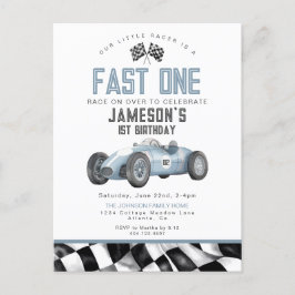Carte Postale Blue Race Car Fast One 1st Birthday Party Invitati