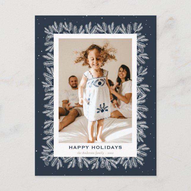 Carte postale Blue Rustic Pine Snow Photo Happy Ho (Devant)