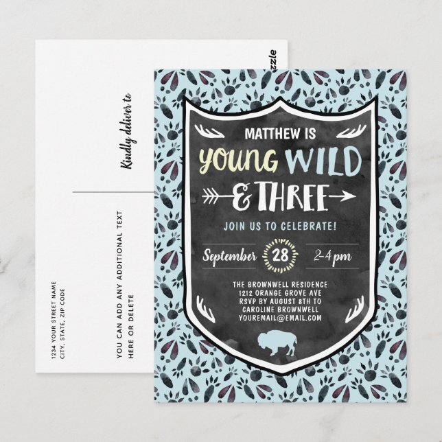 Carte Postale Blue Young Wild et Three Boys 3e fête d'anniversai (Devant / Derrière)