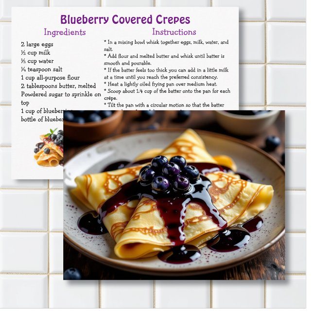 Carte Postale Blueberry Covered Crêpes Recipe Card (Créateur téléchargé)