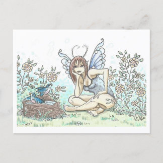 Carte Postale Bluebird Bath Fairy Illustration Art Imprimer